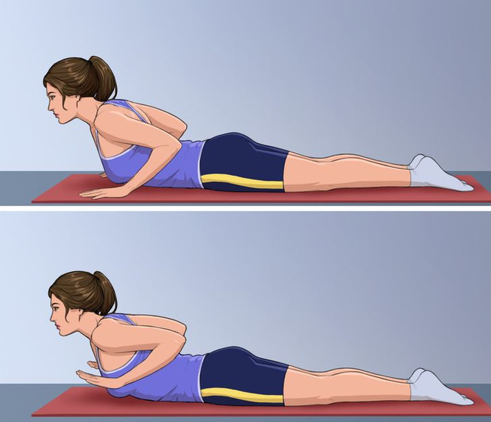 Tư thế rắn hổ mang thấp: Nằm sấp, hai chân duỗi thẳng, mũi chân úp, hai tay chống ngang ngực. Nâng người lên cao, mắt nhìn thẳng phía trước, nhấc hai tay lên khỏi mặt thảm, giữ tư thế uốn cong người trong vài nhịp thở rồi trở về tư thế ban đầu. Lặp lại động tác 10 lần.