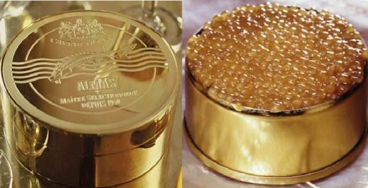 2. Trứng cá muối Almas: Món ăn này được sáng tạo ra đầu tiên tại The Caviar House & Prunier với giá siêu khủng là 25.000 USD/hộp. Nó làm từ trứng cá với 24karat vàng lá ăn được giúp món ăn trông sang trọng hơn. Chỉ có duy nhất nhà hàng The Caviar House & Prunier phục vụ món ăn này trên toàn thế giới.
