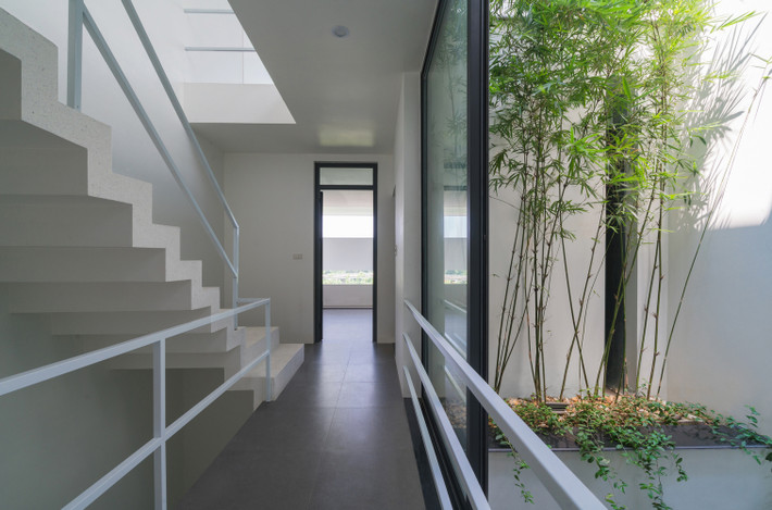 Khoảng trống thứ hai được đặt ở trung tâm của ngôi nhà giống như một điểm để cân bằng tự nhiên. Tại không gian này, chủ nhà sẽ cảm nhận được tất cả các yếu tố thiên nhiên như cây xanh, ánh sáng tự nhiên, gió và mưa.