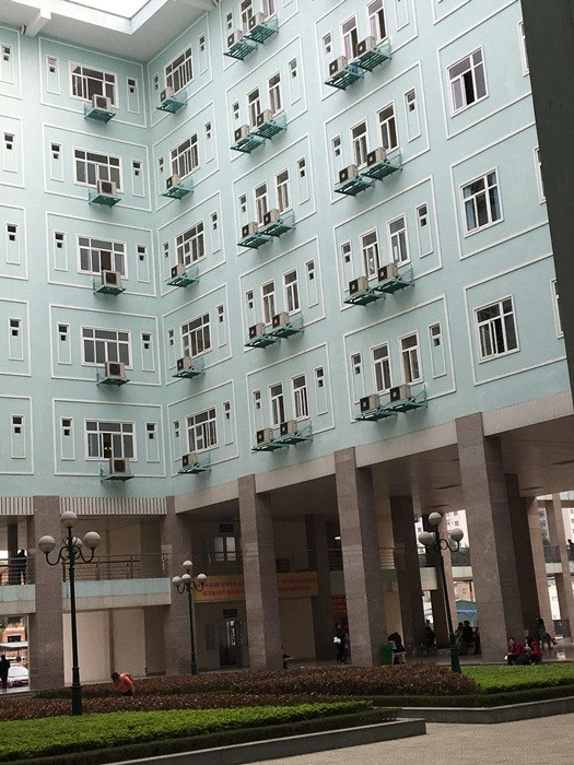 Hầu hết mọi không gian của bệnh viện từ lối vào, nhà chờ bệnh nhân, hành lang bệnh viện, sân, khu nhà ở của người nhà bệnh nhân và ngay cả nhà để xe ... ở đâu bạn cũng gặp một không gian xanh mướt của cây xanh vào hoa cỏ.