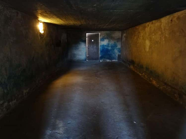 Một phòng hơi ngạt ở trại "tử thần" Majdanek, Ba Lan, Đức quốc xã dùng nơi này để sát hại hàng ngàn tù nhân trong thời gian ngắn nhất. Các bức tường trong phòng hơi ngạt ngả sang màu xanh do bị ám màu của chất hóa học Zyklon B dùng để tước đi mạng sống của tù nhân.