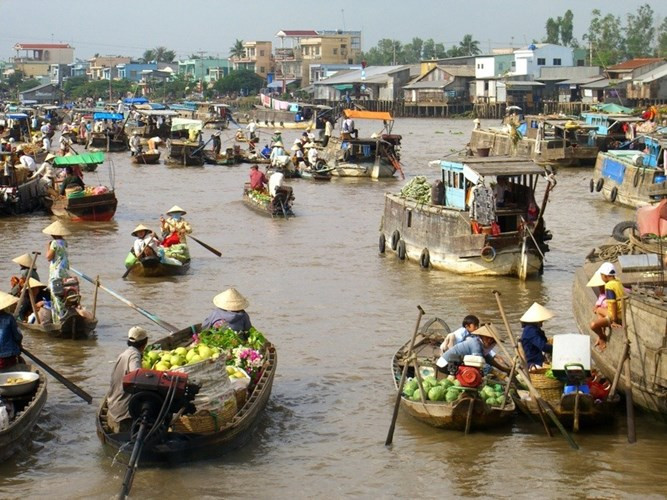 Tàu thuyền chở đầy trái cây và rau quả đi đến chợ nổi Cái Răng.