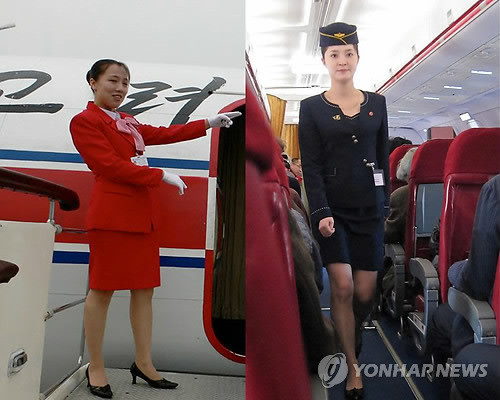 Air Koryo đã loại bỏ những bộ đồng phục màu đỏ lỗi thời (trái) vào năm 2013 và thay vào đó là bộ trang phục xanh hiện đại hơn.