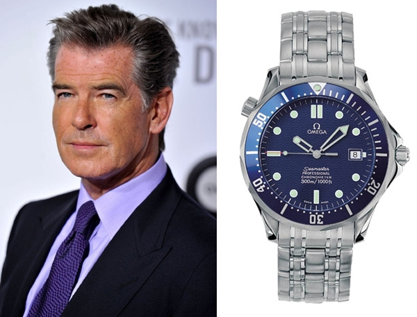 Một nam diễn viên khác nổi tiếng với vai James Bond là Pierce Brosnan, sở hữu một chiếc Omega Seamaster giá 5.475 USD (khoảng 115 triệu đồng). Chiếc đồng hồ này có quai thép và mặt màu xanh, mặt sau khắc logo Omegahippocampus.