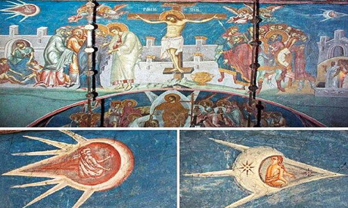 Bức tranh "Chúa Jesus bị đóng đinh trên cây thánh giá" của một họa sĩ vô danh vẽ trên tường ở tu viện Visoki Decani tại Kosovo, Nam Tư, năm 1350. Bức tranh có vẽ 2 vật thể lạ chở theo phi công xuất hiện trên bầu trời ở cả hai bên của Chúa Jesus.