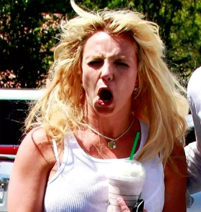 Mái tóc nối rối tung cùng khuôn mặt quá biểu cảm của Britney Spears khiến ai nhìn bức ảnh này của cô cũng thấy buồn cười.