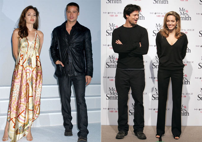 Brad Pitt và Angelina Jolie khá thẹn thùng khi cùng nhau đi quảng bá phim "Mr. and Mrs. Smith" vào năm 2005.