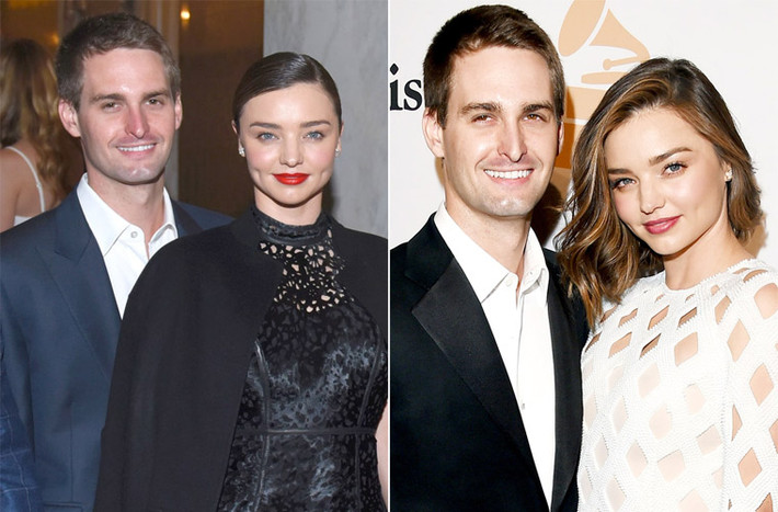Thiên thần Victoria’s Secret Miranda Kerr và đồng sáng lập Snapchat Evan Spiegel hẹn hò khi Miranda chia tay chồng, nam diễn viên Orlando Bloom. Evan, 26 tuổi, sáng lập nên ứng dụng Snapchat trên điện thoại di động khi đang còn học ở Trường Đại học Stanford. Hiện tại hôn phu của Miranda Kerr là 1 trong 1000 người đàn ông giàu nhất thế giới với tài sản trị giá 1,6 tỷ USD. Đây được coi là cặp trai tài gái sắc nhất Hollywood.