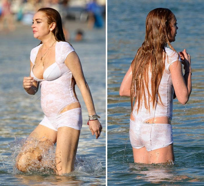 Trái ngược với đôi gò bồng đảo bự, vòng 3 của Lindsay Lohan lại lép đến mức khó tả. Nhược điểm đó của cô lộ rõ khi mặc bikini.