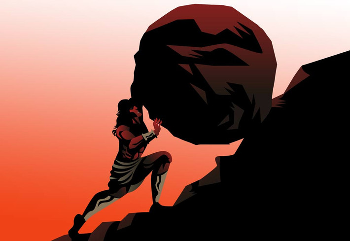 Sisyphus bị đưa đến Tartarus. Tại đây, vị vua này phải đẩy một tảng đá khổng lồ lên núi, và khi lên tới đỉnh, anh phải nhìn hòn đá lăn trở lại chân núi. Theo đó, Sisyphus phải trở xuống dưới rồi đẩy hòn đá lên đỉnh. Cứ như vậy, ông phải làm việc đó mãi mãi.