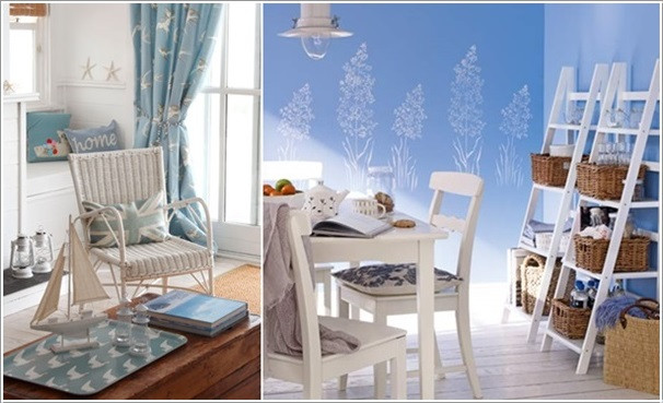 Những bức tranh dán tường hoặc rèm cửa chủ để biển xanh cũng góp phần giúp căn phòng tươi mới và rộng hơn.