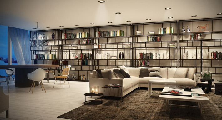 Chủ nhân căn penthouse có thể đặt kệ sách trên tường thứ ba và ngồi thư giãn đọc sách trên ghế dài.