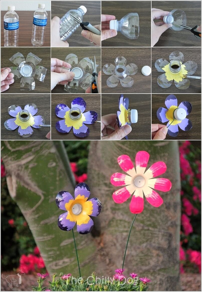 Hoặc bạn cũng có thể tự làm những bông hoa xinh xắn từ vỏ chai nhựa để trang trí khu vườn.