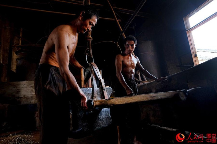 Công nhân làm việc tại xưởng ép dầu đều là những người đàn ông khỏe mạnh, lực lưỡng.