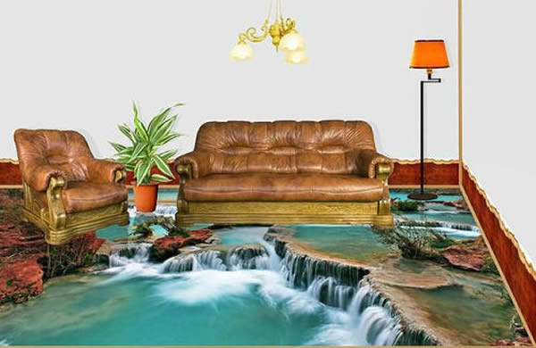 Phòng khách trên sàn nhà 3D mát mẻ.