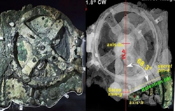 Nằm trong hộp gỗ cao 30 cm, cỗ máy Antikythera có những dòng chữ khắc nêu hướng dẫn sử dụng và bao gồm hơn 30 bánh răng bằng đồng nối với các mặt đồng hồ và con trỏ.