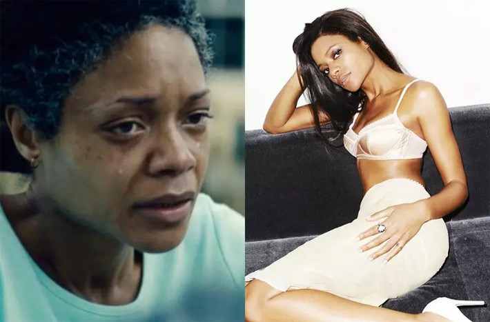 Naomie Harris vào vai bà mẹ của một kẻ nghiện ma túy trong phim Moonlight. Để vào vai này, Naomie đã hy sinh rất nhiều vẻ ngoài để hóa trang thành một người phụ nữ già nua, đau khổ. (Ảnh: photobucket.com and aintitcoolnews.com)