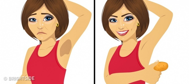 Khoai tây: Để cải thiện làn da ngăm đen, bạn có thể lấy một miếng khoai tây và chà nó lên nách trong khoảng 10 phút, sau đó rửa nó bằng nước ấm. Khoai tây có tính axit nhẹ hoạt động như chất tẩy trắng tự nhiên tuyệt vời. Ảnh sử dụng trong bài: Bright Side.