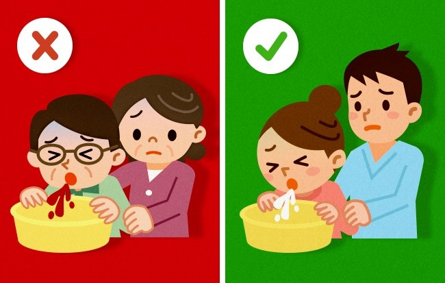 4. Cố gắng nôn mửa trong trường hợp ngộ độc: Thông thường mọi người sẽ cố nôn mửa khi bị ngộ độc. Tuy nhiên, cách sơ cứu này bị nghiêm cấm nếu bạn đã bị đầu độc acid, kiềm hoặc các chất ăn da. Ảnh: Brightside.