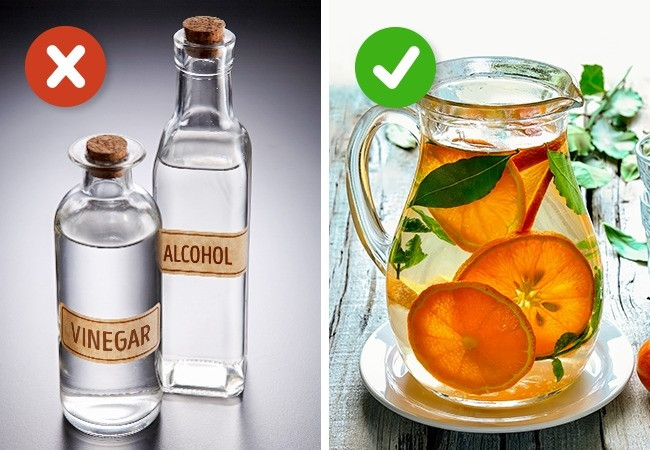 9. Xoa cồn, giấm để hạ sốt: Cồn và giấm có thể thấm qua da để đi vào máu. Vì vậy, thoa cồn lên da có thể gây nhiễm độc, còn thoa giấm sẽ làm tăng acid máu. Hành động này đặc biệt nguy hiểm đối với trẻ em. Cách làm đúng: Nếu sốt không quá cao (<38,5 độ C) bạn có thể hạ sốt bằng cách uống nhiều nước, nằm phòng thoáng khí, dùng khăn ấm lau người. Ảnh: Brightside.