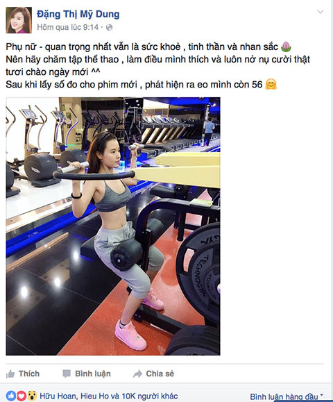 Vòng eo 56 giờ không còn là thương hiệu của riêng Nữ hoàng nội y Ngọc Trinh nữa khi mới đây, hot girl Midu cũng lên trang Facebook đăng ảnh vòng hai thon gọn cùng dòng trạng thái khoe khéo: "“Phụ nữ - quan trọng nhất vẫn là sức khỏe, tinh thần và nhan sắc. Nên hãy chăm tập thể thao, làm điều mình thích và luôn nở nụ cười thật tươi chào ngày mới. Sau khi lấy số đo cho phim mới, phát hiện ra eo mình còn 56”.