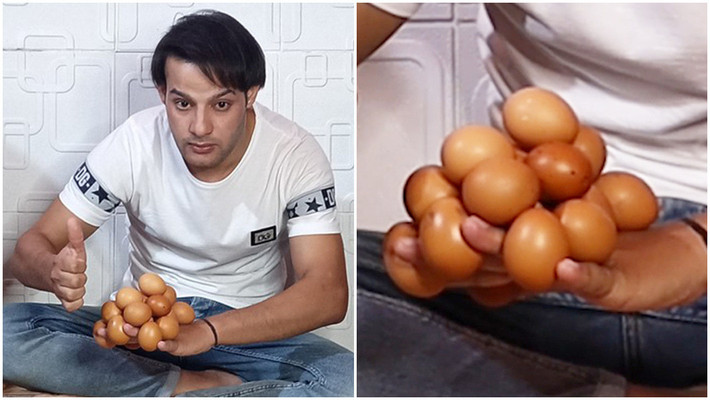 2. Đặt nhiều quả trứng nhất trên mu bàn tay: Ibrahim Sadeq ở Nasiriyha (Iraq) đã giữ được 18 quả trứng trên mu bàn tay của mình, ngang với kỷ lục được xác lập bởi Jack Harris của Anh hồi năm 2020. Như vậy, hai người đàn ông này hiện là đồng sở hữu kỷ lục đặt nhiều quả trứng nhất trên mu bàn tay.