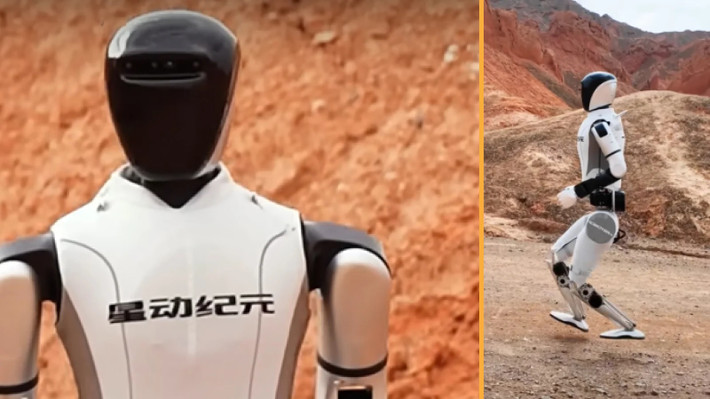 Trước đó, H1 giữ kỷ lục tốc độ cho robot hai chân ở mức 11,9 km/h vào tháng 3/2024. Mặc dù robot STAR1 có sự trợ giúp của giày nhưng H1 cũng không thực sự chạy vì hai bàn chân không rời khỏi mặt đất cùng lúc trong quá trình di chuyển. Ảnh: Robot Era.