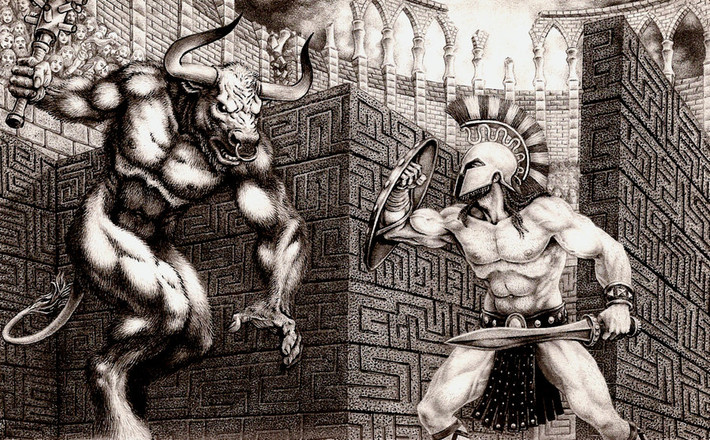 Mặc dù chỉ là người thường nhưng Theseus vô cùng dũng cảm và gan dạ khi một mình đi vào mê cung Daedalus để giết chết Minotaur để trừ hại cho dân chúng.