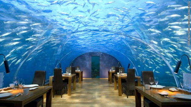 Nhà hàng dưới biển – Ithaa, Maldives: Ở Ithaa, các cặp đôi có thể được trải nghiệm cảm giác dùng bữa tại nơi sâu 5m so với mực nước biển. Bạn sẽ được tận mắt nhìn thấy những chú cá bơi qua bơi lại ngay trên đỉnh đầu khi thưởng thức bữa tối tại nhà hàng.