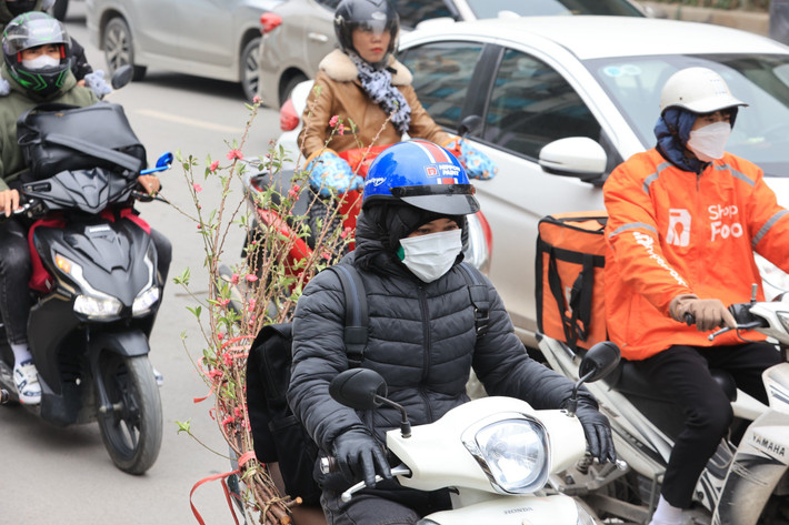 Người dân chở theo quất, cành đào... cồng kềnh khiến việc di chuyển càng thêm khó khăn.