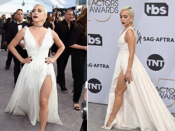 Lady Gaga diện đầm trắng cắt xẻ tinh tế giúp cô khoe các đường cong gợi cảm của cơ thể.