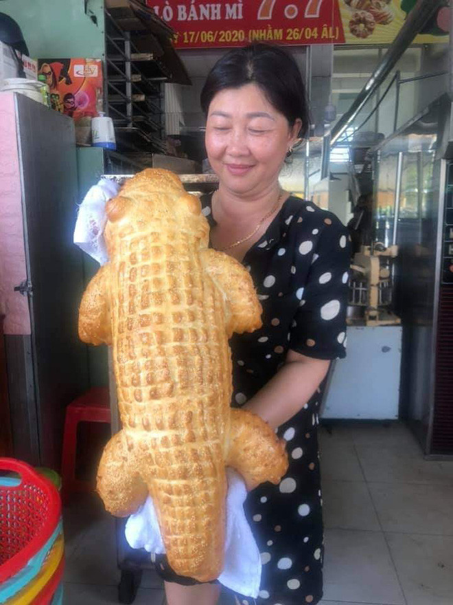 Mỗi ổ bánh mì ngọt hình cá sấu nặng khoảng 2kg, chiều dài 60-70cm, giá bán 50k/ổ. Mỗi ngày, tiệm bánh mì này làm được vài chục con, nướng ra đợt nào là bán hết đợt đó.