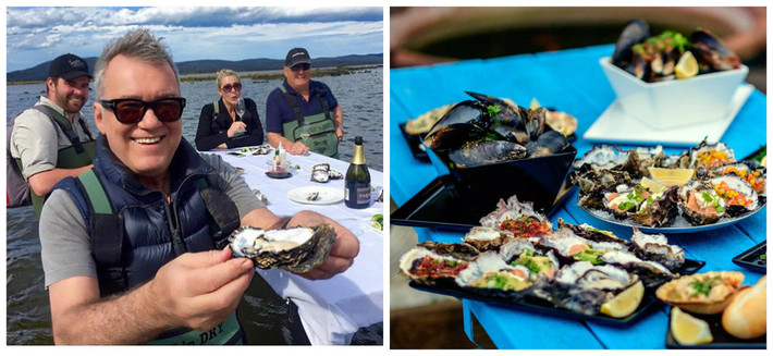 Ăn uống tại Freycinet Marine Oyster Farm, Tasmania: Tại đây, bạn có thể trải nghiệm ăn uống ngay tại trang trại nuôi hàu tươi sống. Trong thực tế, du khách có thể đi ra vùng nước sâu đến đầu gối để thưởng thức các món hải sản của trang trại nuôi hàu nổi tiếng. Ảnh: Freycinet Marine Oyster Farm.