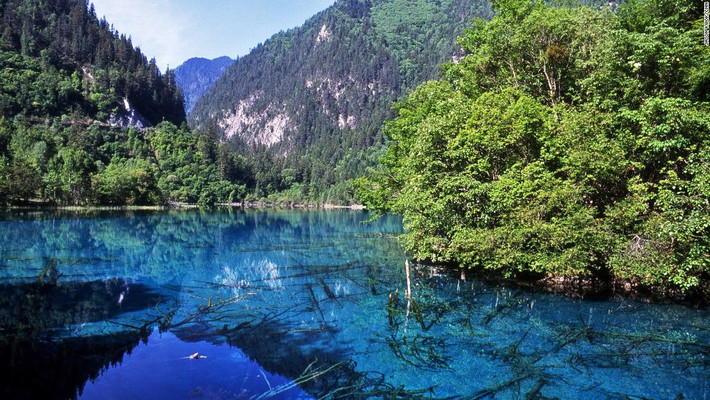 Vườn Quốc gia Jiuzhaigou, tỉnh Tứ Xuyên, Trung Quốc: Đến Vườn Quốc gia Jiuzhaigou của Trung Quốc, du khách có thể ngắm cảnh quan ngoạn mục của kỳ quan thiên nhiên này khi những thân cây cổ thụ in bóng dưới làn nước trong vắt của hồ Five Flower. Ảnh: CNN.