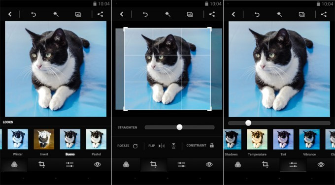 Photoshop Express: Ứng dụng chỉnh sửa ảnh nâng cao được Adobe phát hành cho cả 3 nền tảng di động Android, iOS và Windows Phone. Adobe Photoshop Express cho phép thực hiện nhiều thao tác với hình ảnh như cắt, làm sáng, xoay, lật, phơi sáng, độ bão hòa, mờ, trắng đen, tương phản, sắc nét, xóa phông, hiệu ứng và bo góc. Các lệnh được tập trung vào bốn nhóm chức năng chính ở phía trên cùng. Ngoài ra ứng dụng còn cung cấp một số bộ lọc đơn giản nhưng giúp bức ảnh trở nên sống động hơn.