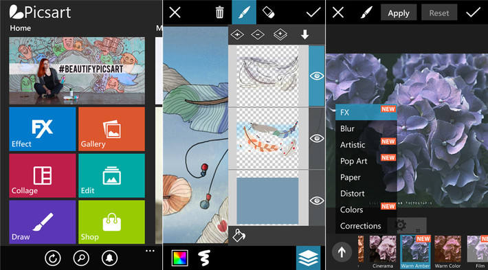 PicsArt: PicsArt được trang bị nhiều chức năng chụp và chỉnh sửa ảnh tương tự Photoshop. Ứng dụng có đầy đủ các tính năng nhiếp ảnh cơ bản bao gồm công cụ xử lý hình, bộ lọc, cắt ghép, vẽ tùy chọn... Ngoài ra, PicsArt sở hữu cộng đồng người dùng yêu thích nhiếp ảnh và họ tương tác với nhau để chia sẻ kinh nghiệm thông qua các sản phẩm.