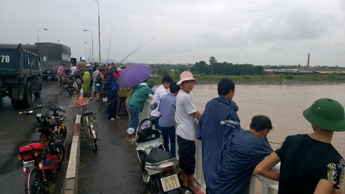 Hàng chục người dân đứng trên thành cầu Bình thả cần câu cá xổng lồng.
