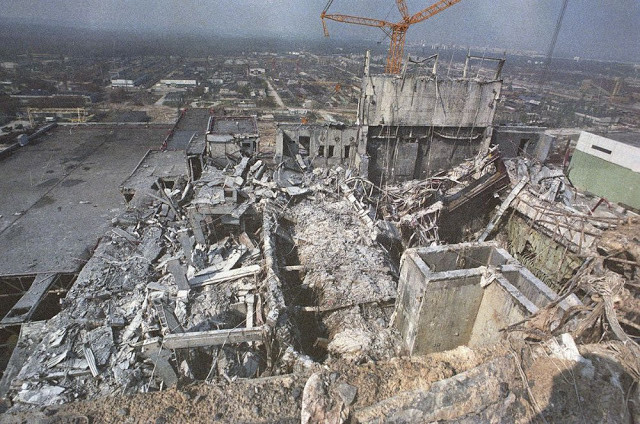 Đây là phần còn lại của lò phản ứng số 4 ở nhà máy Chernobyl sau ngày 26/4/1986.