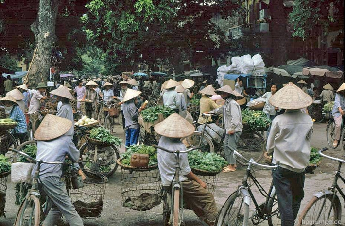 Người buôn rau củ quả đi xe đạp từ các tỉnh lân cận vào thủ đô Hà Nội.