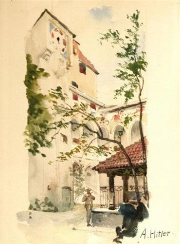 4. “Người nghệ sĩ bên giếng trong Phố Cổ” (1910 – 1912): Với mong muốn trở thành họa sĩ nổi tiếng, Hitler đã mang tranh đến Học viện Mỹ Thuật Vienna để xét tuyển, nhưng đã bị họ từ chối hai lần năm 1907 và 1908. Hội đồng nghệ thuật của trường từ chối tranh của Hitler vì cho rằng nét họa chưa được tốt. Họ gợi ý cho người họa sĩ nghèo nên theo ngành kiến trúc. Hitler đã từ chối vì không thích bị gò bó trong trường học.