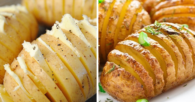 Bí quyết làm món khoai tây nướng béo ngậy và cực hấp dẫn là bạn khía củ khoai tây theo từng lát mỏng sau đó cho một ít dầu ô liu, bơ vào đó rồi thêm gia vị muối, tiêu, nướng bằng lò vi sóng khoảng 220 độ C trong 40 phút. Món này đảm bảo trẻ con nhà bạn sẽ rất thích.
