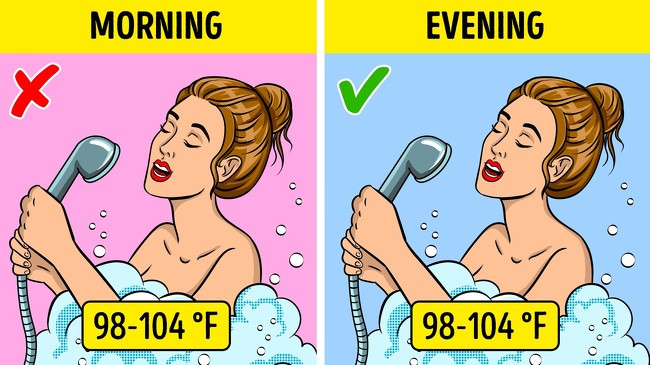 Buổi tối tắm nước ấm có nhiều lợi ích hơn buổi sáng: Làm dịu căng thẳng, sạch lỗ chân lông, thư giãn xương cốt sau một ngày dài làm việc.