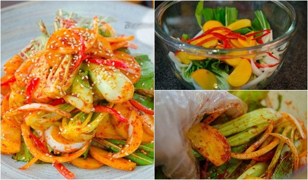 2. Gỏi cải thìa trộn hồng giòn: Nguyên liệu: Quả hồng giòn, cải thìa, ớt sừng, ớt bột, nước cốt chanh, nước mắm, đường, dầu vừng, dấm, tỏi băm, vừng rang, hành tây.