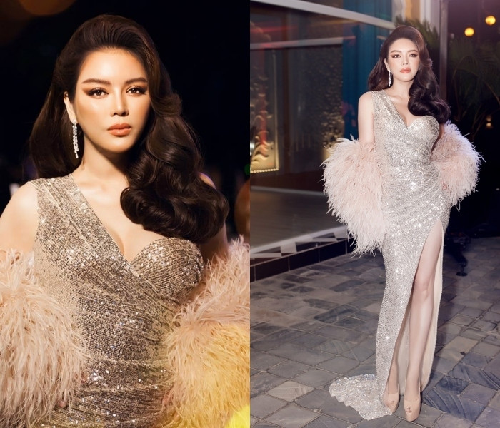 Bộ đầm ánh kim sequin xẻ cao, ôm sát giúp tôn dáng 3 vòng chuẩn đồng hồ cát của Lý Nhã Kỳ .