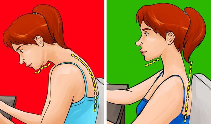 Thay đổi tư thế ngồi: Ngồi với phần đầu cúi quá thấp khiến cơ cổ và cơ mặt yếu đi, da vùng cằm bị mất tính đàn hồi, dẫn đến chảy xệ. Cải thiện tư thế bằng cách ngồi thẳng lưng và đặt màn hình máy tính cao hơn để không phải cúi đầu khi làm việc là cách khắc phục hiệu quả.