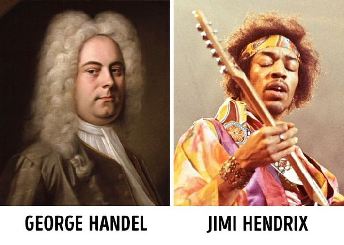 Sống cách nhau khoảng 2 thế kỷ nhưng nhà soạn nhạc nổi tiếng George Handel và nghệ sĩ guitar nổi tiếng Jimi Hendrix có ngoại hình khá giống nhau.