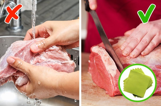 Cũng giống như thịt gà, các loại thịt gia súc khác như bò, lợn, bê, cừu... cũng không nên rửa trước khi nấu. Tốt nhất là bạn nên diệt vi khuẩn bằng cách thả thịt vào nước nóng.