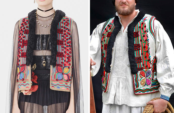 Thiết kế thời trang mới của Dior (trái) rất giống với mẫu áo của người Bihor (phải).