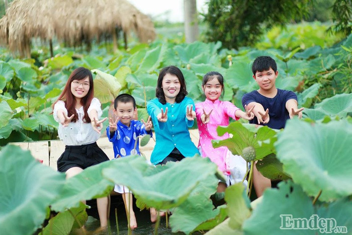 Vào dịp hè, nhiều phụ huynh dẫn các con của mình đến để khám phá thiên nhiên và chụp ảnh cùng cánh đồng sen.