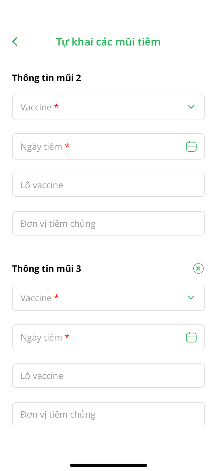 Cụ thể, với các mũi tiêm vắc xin COVID-19, trong trường hợp dữ liệu chưa đúng hoặc chưa đủ, người dùng có thể vào mục mũi tiêm, chọn thẻ Tự khai tiêm vắc xin > Sửa thông tin mũi tiêm và điền tên loại vắc xin, ngày tiêm.